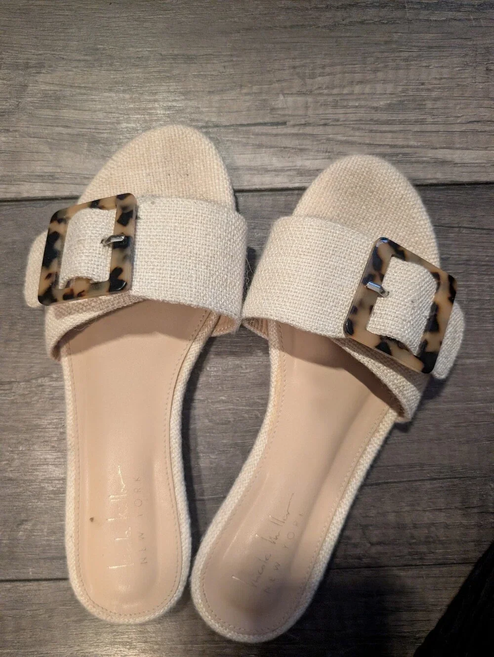 Nicole Miller Natural Beige Slide Sandals with Tortoiseshell Buckle - Picture 5 of 5